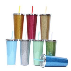 24 Oz. Colorful Sequin Double Wall Plastic Straw Tumbler