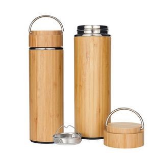 15 oz Vacuum-Sealed Bamboo Water Bottle with Metal Handle