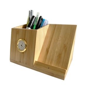 10 W Bamboo Wireless Charger Organizer with Clock