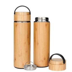 15 oz Vacuum-Sealed Bamboo Water Bottle with Plastic Handle