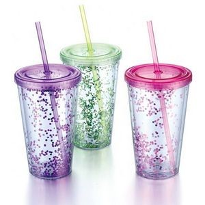 16 Oz. Plastic Glitter Tumbler with Lid and Straw