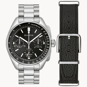 Bulova Archive Series Men's Silver Lunar Pilot Chronograph Watch w/Black Leather Strap