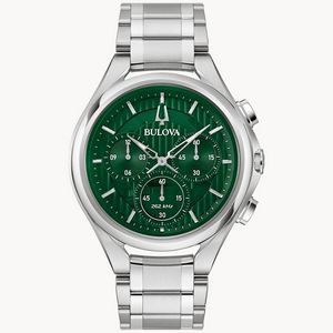 Bulova CURV Collection Men's Silver Watch w/Round Green Dial