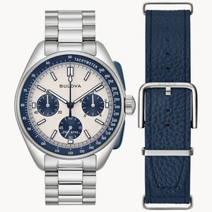 Bulova® Archive Series Men's Silver Lunar Pilot Chronograph Watch w/Blue Leather Strap