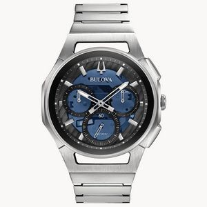 Bulova CURV Collection Men's Silver Watch w/Round Blue Dial