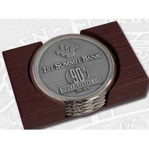Nickel Plated Boardroom Coaster w/ Pewter Insert - Set of 4 w/ Holder