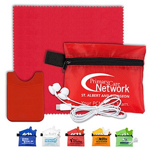 "Saratoga" Mobile Tech Earbud Kit w/Microfiber Cleaning Cloth & Cell Phone Wallet in Zipper Pouch