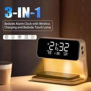 Alarm Clock with Wireless Charging,Bedside Touch Lamp Alarm Clock , Night Light Dimmable LED Display