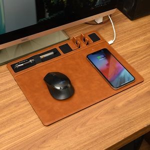15W Faux Leather Charging Pad with Pen/Phone Holder , 2 in 1 Mouse Pad Wireless Charger