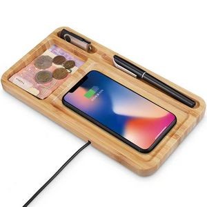 15W Wood Wireless Charging Station Pad Bamboo Phone Charger Docking Tray with Desk Organizer