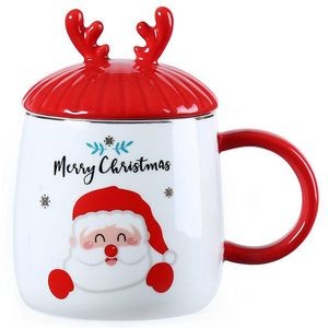 Christmas Gift Ceramic Coffee Mug and Spoon Cartoon Printing Cute Santa Claus with Handle With Lid
