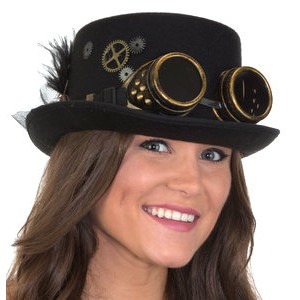 Ladies Black Deluxe Felt Steampunk Top Hat w/Goggles & Feathers