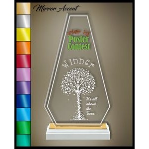 13" Wedge Tower Clear Acrylic Award, Color Printed, White Wood Mirror Accented Base