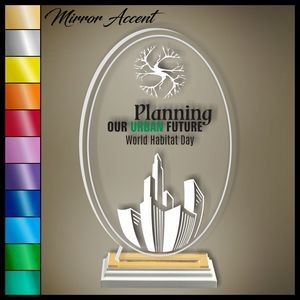 13" Oval Riser Clear Acrylic Award, Color Printed in White Wood Mirror Accented Base
