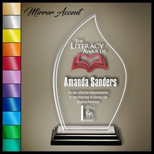 13" Flame Clear Acrylic Award, Color Printed in Black Wood Mirror Accented Base