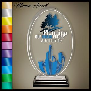 13" Oval Riser Clear Acrylic Award, Color Printed in Black Wood Mirror Accented Base