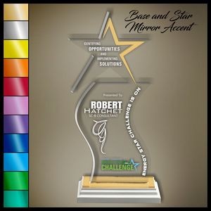 13" Mirror Star Wave Clear Acrylic Award, Color Printed,White Wood Mirror Accented Base