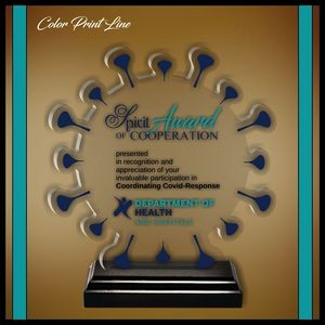 7" Corona Virus Clear Acrylic Award in a Black Wood Base Color Printed