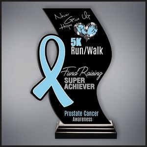 Awareness Ribbon in Light Blue on our Wave Black Acrylic in Wood Base