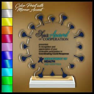 9" Corona Virus Clear Acrylic Award Color Printed in White Wood Mirror Accented Base