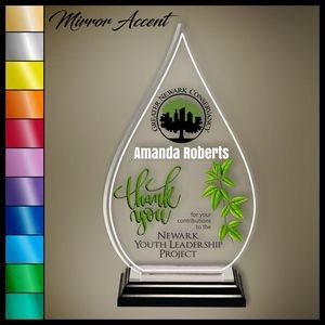 13" Droplet Clear Acrylic Award, Color Printed in Black Wood Mirror Accented Base