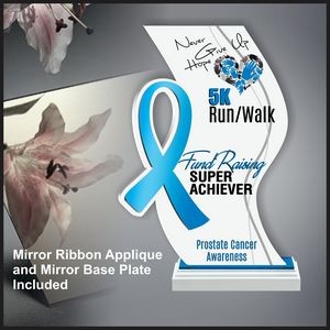 Mirror Awareness Ribbon in Light Blue on our Wave White Acrylic in Wood Base