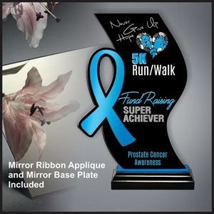 Mirror Awareness Ribbon in Light Blue on our Wave Black Acrylic in Wood Base