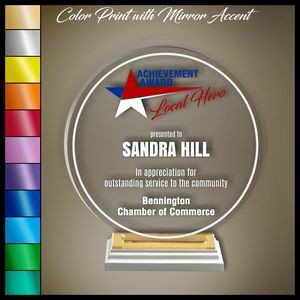 9" Round Clear Acrylic Award, Color Printed in White Wood Mirror Accented Base