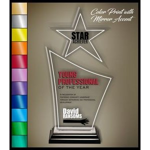 12" Star Finn Clear Acrylic Award, Color Printed in Black Wood Mirror Accented Base