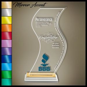 13" Wave Tower Clear Acrylic Award, Color Printed in White Wood Mirror Accented Base
