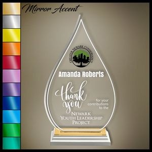 13" Droplet Clear Acrylic Award, Color Printed in White Wood Mirror Accented Base