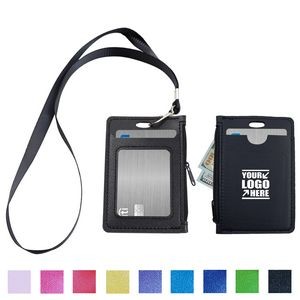 Lanyard PU Leather Card Holder With Zippered Pocket