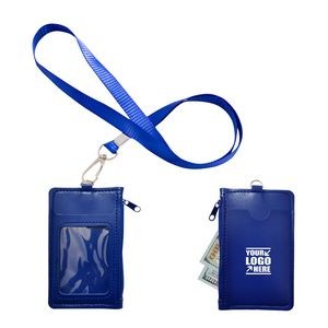 Zipper Pocket PU Leather Card Case With Lanyard