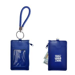 Zipper Pocket PU Leather Card Case With Keychain