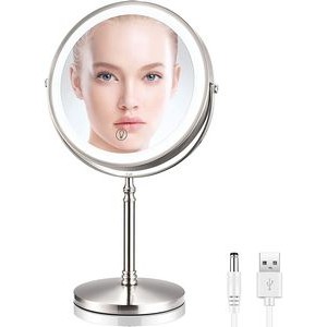 Rechargeable Lighted Makeup Mirror with 3 Color Lights 8 Inch 10X Magnifying Double Sided