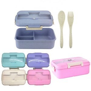 Wheat Straw Three Compartment Bento Box with Spoon Fork