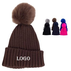 Kids Winter Knitted Beanie Hat With Pom Fur