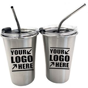 16 Oz. Stainless Steel Pint Cup with Lid and Straw