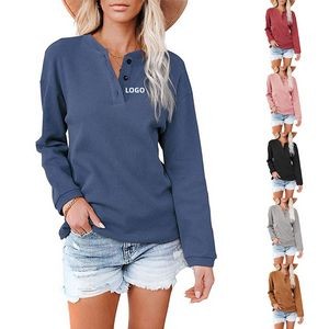 Women's Long Sleeve Henley Button Down V Neck Loose Fit Shirt