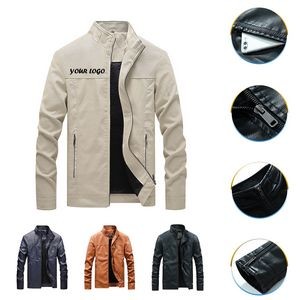 PU Leather Men Stand Collar Jacket