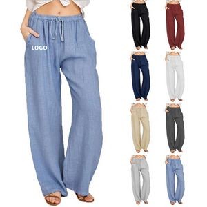 Women Cotton Linen Pants Elastic Waist Drawstring Trousers