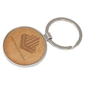 1 5/8" Silver/Wood Laserable Round Keychain