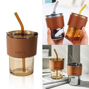 13oz/400ml Glass Coffee Cup with Straw and Leather Sleeve