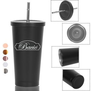 17Oz Double Walled Stainless Steel Coffee Cup Travel Mug W/Straw