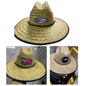 Natural Straw Lifeguard Hat With Sliding Cord Lock & Custom Patch