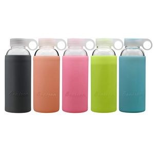 Durable Glass Water Bottle with Silicone Sleeve Handle Lid 10 Oz