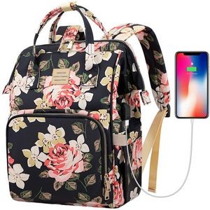 Flower Print 15.6 Inch Laptop Backpack W USB Charging Port