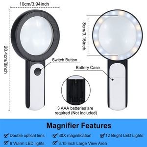30X Handheld Magnifying Glass with Light