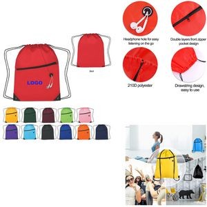 Polyester Drawstring Backpack With Front Zipper