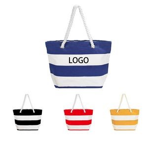 Rope Handles Canvas Tote Bag With Stripes